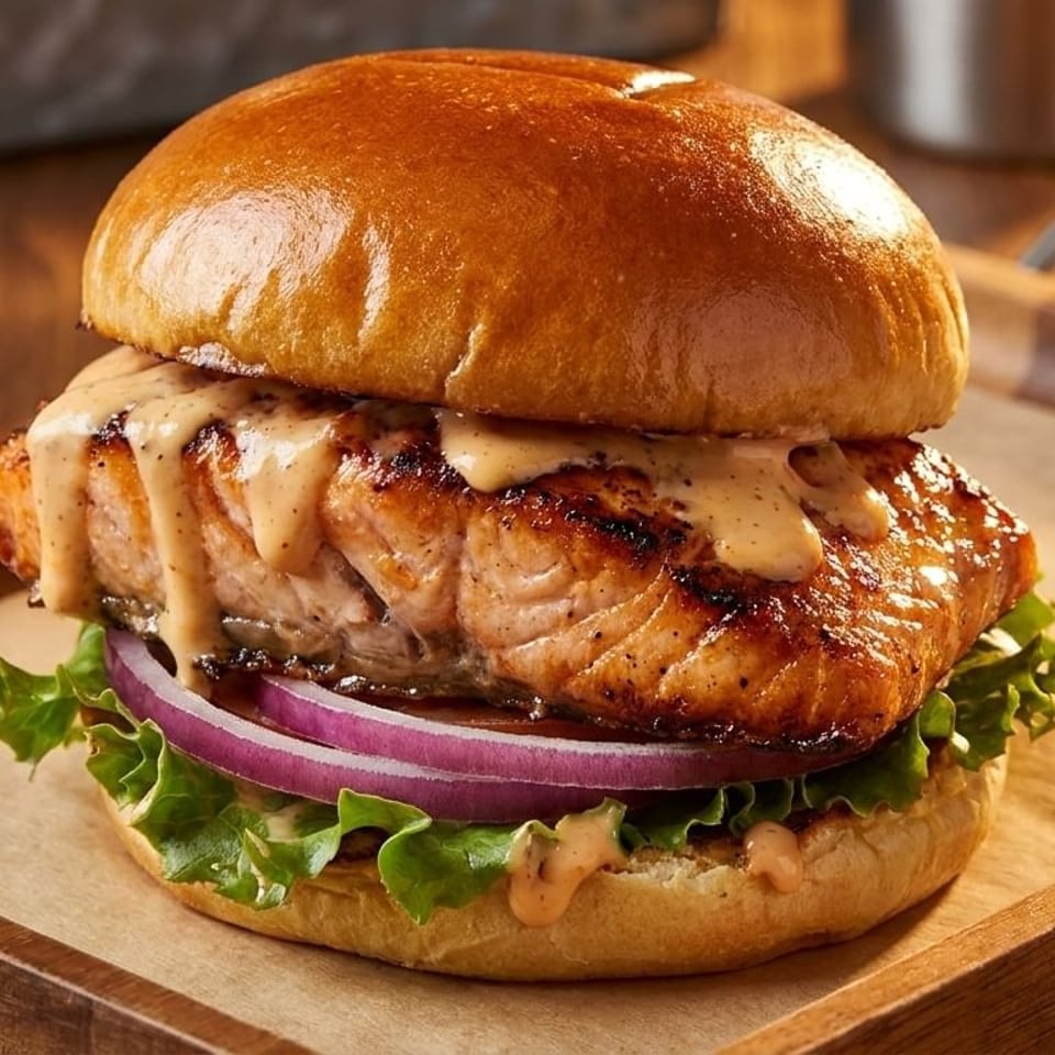 Grilled salmon sandwich with lettuce, red onion, and creamy sauce on a brioche bun.
