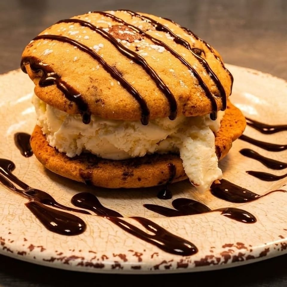 A chocolate chip cookie ice cream sandwich drizzled with chocolate syrup on a white plate.