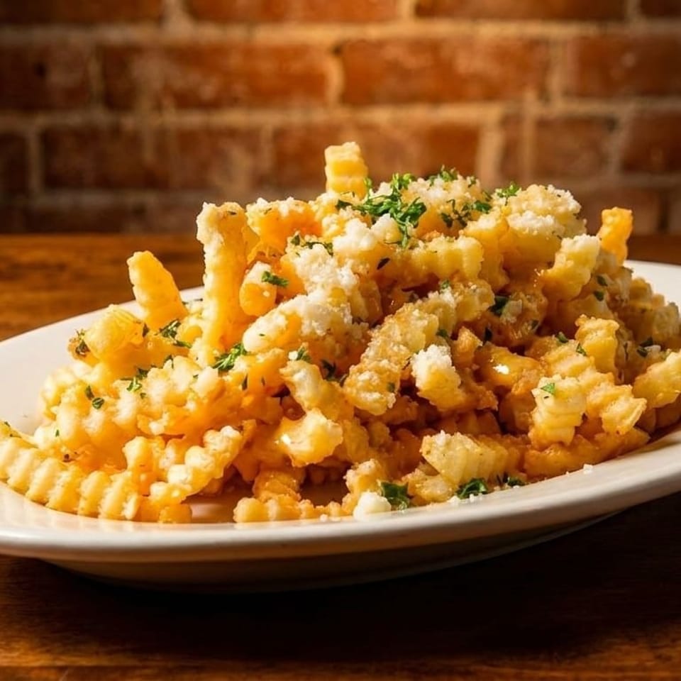 A white plate of golden crinkle-cut fries topped with white cheese and green herbs on a wooden table.